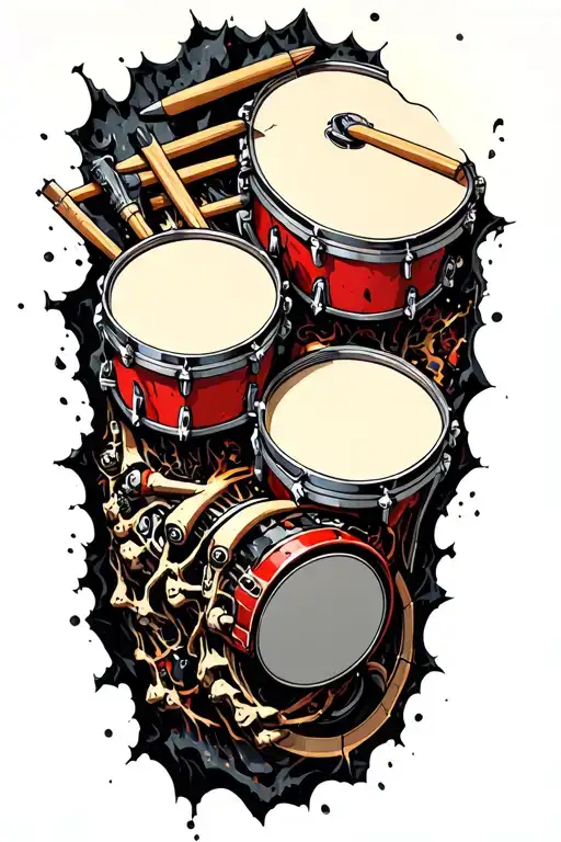 the inside of the forearm is visible through eroded Skin and reveals drum sticks instead of bones and cyborg machinery tattoo design idea