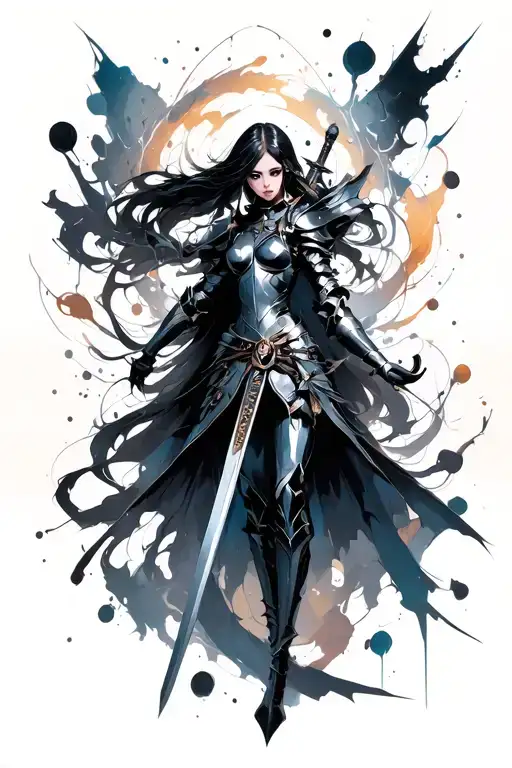 A dark fantasy girl-knight holding a sword in her hands and surrounded by abstract art tattoo design idea