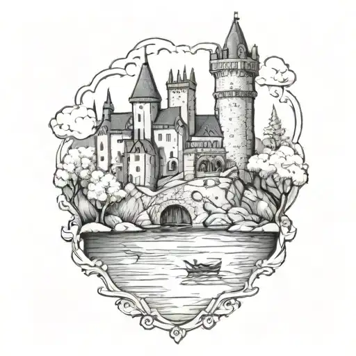 A majestic medieval castle overlooking a serene fishing lake tattoo design idea
