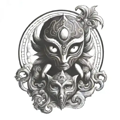 majoras mask moon with octypus god with calm eyes swallowing a woman tattoo design idea