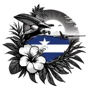 create a  tattoo that has el morro, the coqui, taino sun, hibiscus flower, 787, and puerto rican flag tattoo design idea