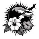 create a  tattoo that has el morro, the coqui, taino sun, hibiscus flower, 787, and puerto rican flag tattoo design idea