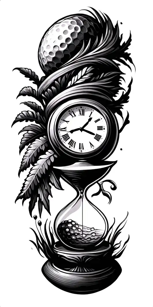 Tribal, golf course, nature, hour glass, clock, family shadow figures tattoo design idea