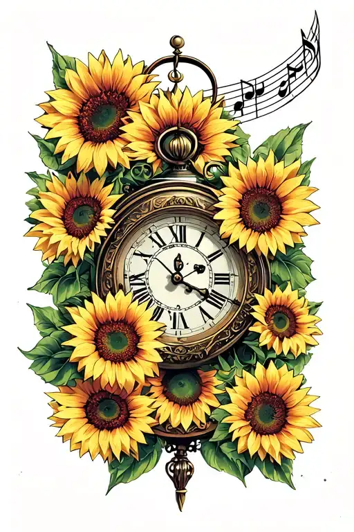 virgo, music lover, sunflowers, old clocks tattoo design idea
