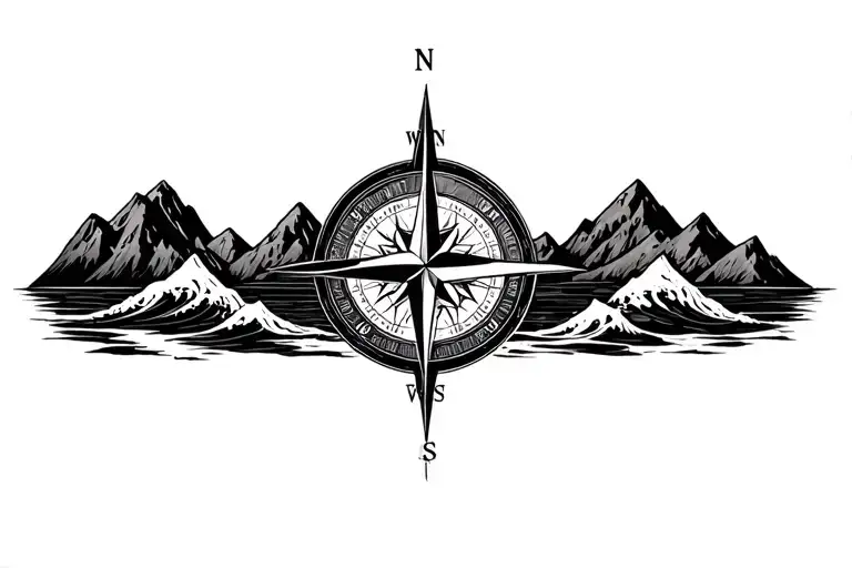 large compass with long north point surrounded by intricate geometric moutains and waves. grayscale.  tattoo design idea