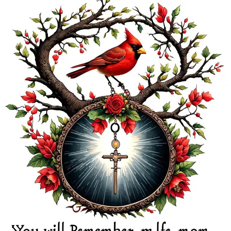 cardinal, rosary, tree of life you will remember my mom tattoo design idea