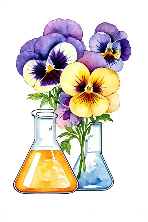 pansy flowers, lab coat and beaker entwined tattoo design idea