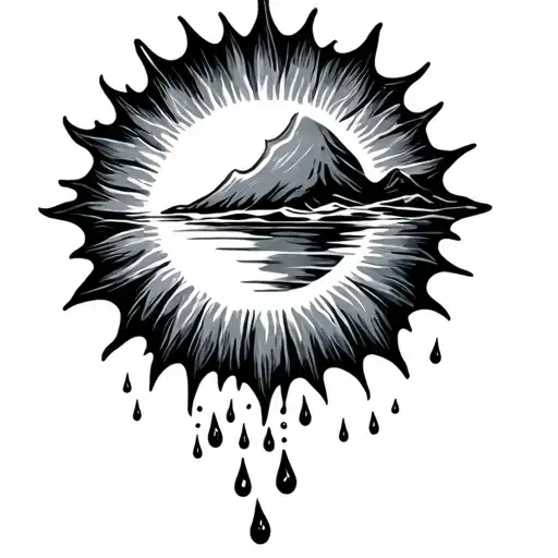 a rising sun melting into rain drops tattoo design idea