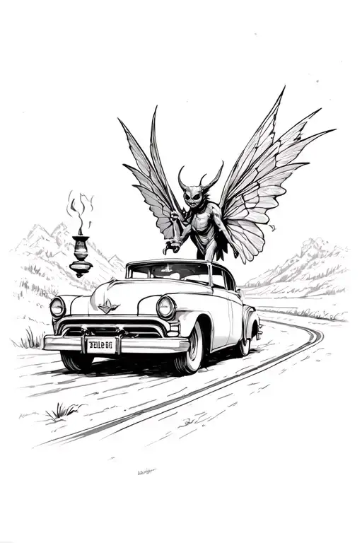mothman with flowing wings, holding an oil lamp hovering over an Oldsmobile on a winding riverside country road tattoo design idea