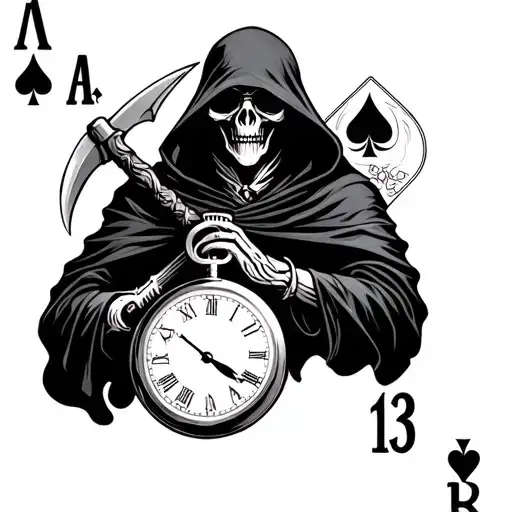grim reaper with a scythe and pocket watch on a number 13 playing card with spades tattoo design idea