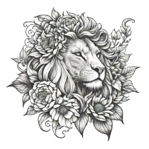 feminine lion with carnations sunflowers and daisies tattoo tattoo design idea