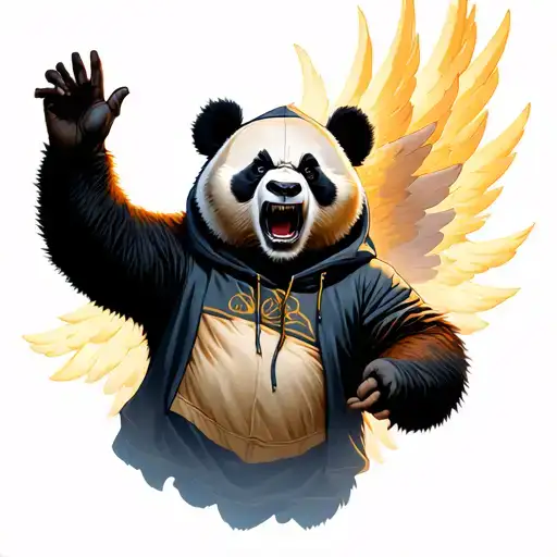 angry panda wearing a hoodie ascending into heaven tattoo design idea