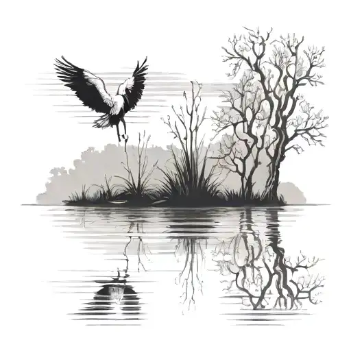 A peaceful scene of a lake with a willow tree and a stork standing in the water tattoo design idea
