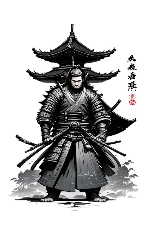 Samurai and Japanese temple ruins tattoo design idea