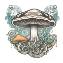 A psychedelic mushroom with music notes intertwined, surrounded by a haze of smoke, symbolizing your love for music, mushrooms, and weed tattoo design idea