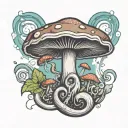 A psychedelic mushroom with music notes intertwined, surrounded by a haze of smoke, symbolizing your love for music, mushrooms, and weed tattoo design idea