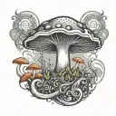 A psychedelic mushroom with music notes intertwined, surrounded by a haze of smoke, symbolizing your love for music, mushrooms, and weed tattoo design idea