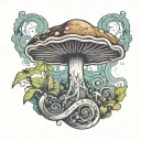 A psychedelic mushroom with music notes intertwined, surrounded by a haze of smoke, symbolizing your love for music, mushrooms, and weed tattoo design idea