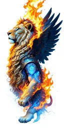on fire Lion, Binary Codes and Warrior Protector man strong angel tattoo design idea