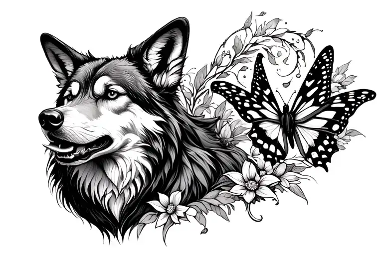 butterfly's and wolf howling tattoo design idea