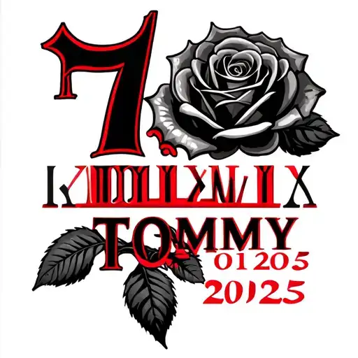 Roman numerals representing important dates 17 01 2025 with the word Tommy going through them in red ink with black rose tattoo design idea