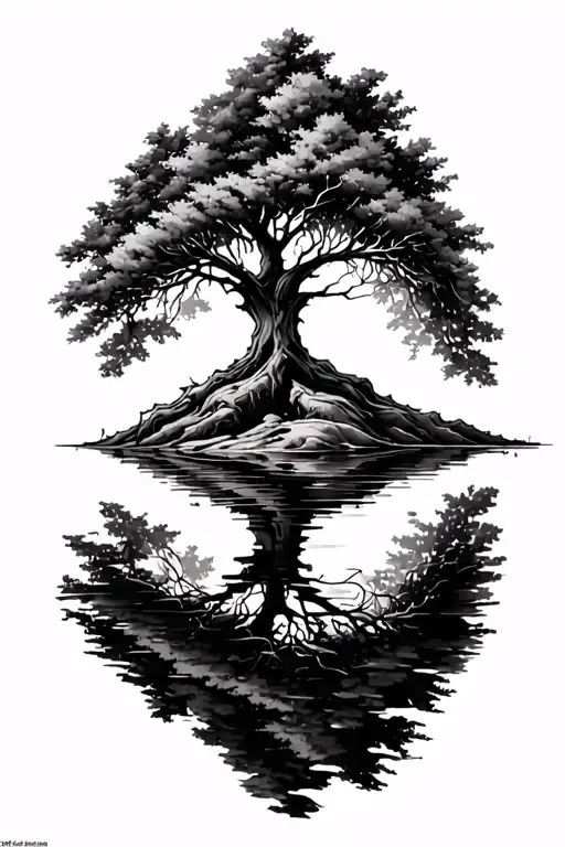 Tree on a loan island. the tree is alive and well however the reflection in the water reveals a tree that is damaged tattoo design idea