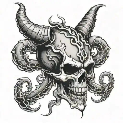angry skull with 2 horns and tentacles tattoo design idea
