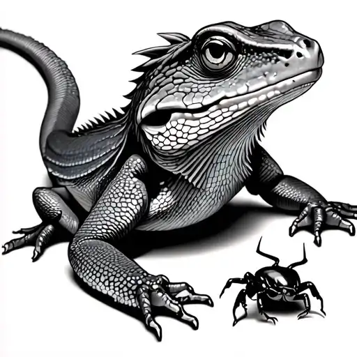 bearded dragon laying down, with a locust on its head and eating a dubia bug tattoo design idea