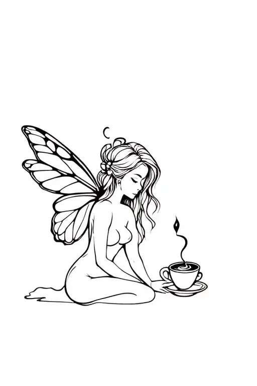 coffee fairy sitting tattoo design idea