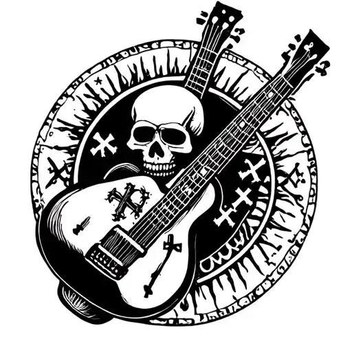 guitar with body as skull and having three crosses all inside a circular emblem tattoo design idea