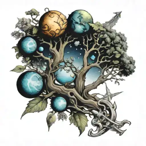 planets, a tree of life, a realistic sword, a knight tattoo design idea