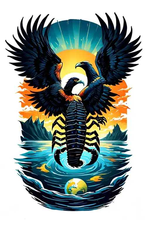  Scorpio on water, eagle fly on Earth, rising phoenix in sky, Sunrise Middle of Arrow tattoo design idea