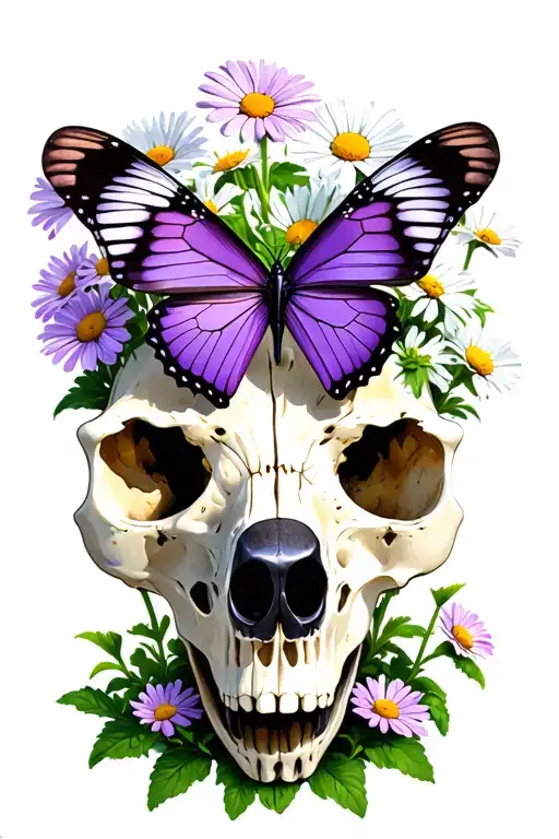 Purple butterfly landing on a single daisy that is growing out of a bear skull tattoo design idea