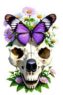 Purple butterfly landing on a single daisy that is growing out of a bear skull tattoo design idea