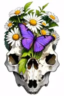 Purple butterfly landing on a single daisy that is growing out of a bear skull tattoo design idea
