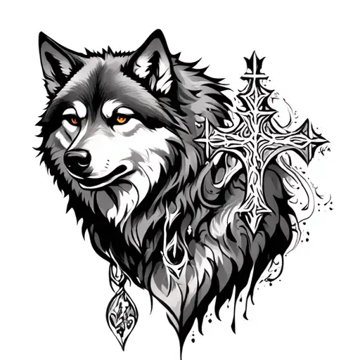 wolf and cross  tattoo design idea