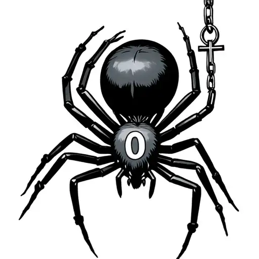 black spider with a 0 on its abdomen and a chain going around his body the end of the chain should be a cross tattoo design idea