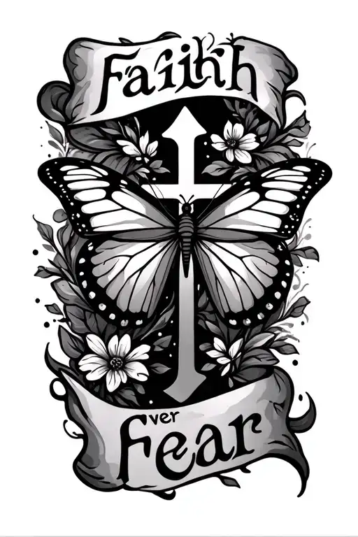 flowing cross with 1 butterfly and the words faith over fear tattoo design idea