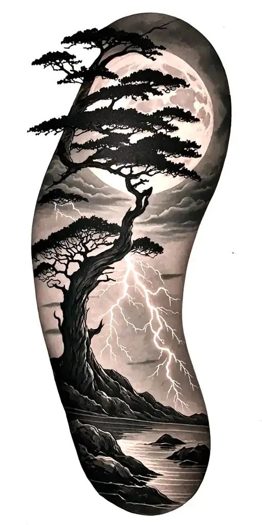 viking and moon and tree and lightning bolt tattoo design idea