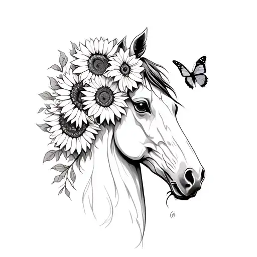 Horse head with sunflowers and butterfly at one side of his head tattoo design idea