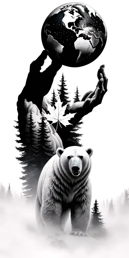 atlas statue holding the world up at the top, foggy pine forest at the bottom, polar bear and a maple leaf in between tattoo design idea