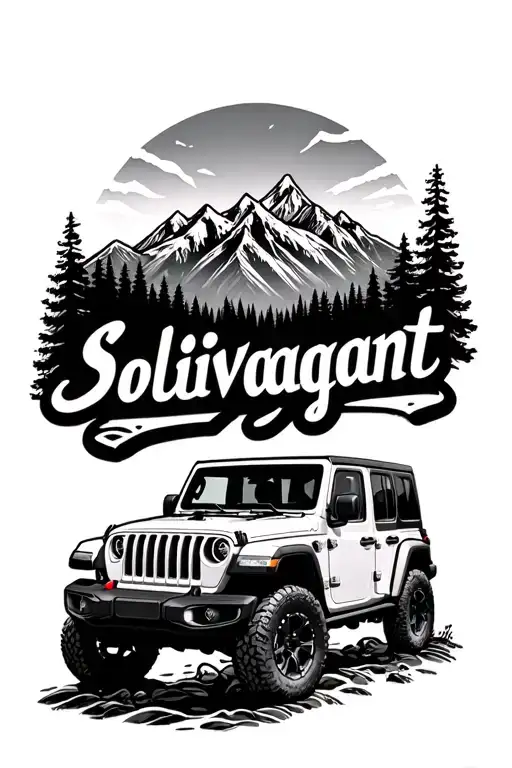 "Solivagant" "Solivagant" topless jeep wrangler in wilderness creek and mountains joined together tattoo design idea