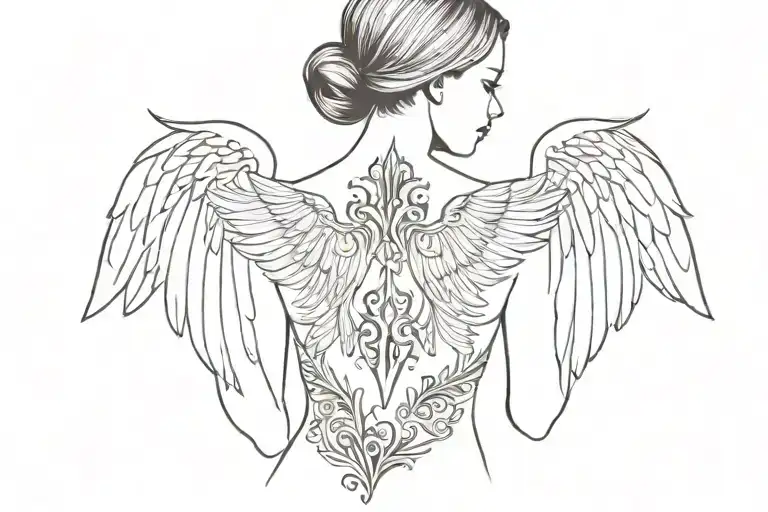 Female back tattoo shoulder to shoulder with wings and ornamental tattoo design idea