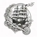 A tattoo design of a sailing boat navigating through rough waters, with mechanical elements incorporated to represent the client's occupation as a mechanical engineer tattoo design idea
