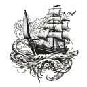 A tattoo design of a sailing boat navigating through rough waters, with mechanical elements incorporated to represent the client's occupation as a mechanical engineer tattoo design idea