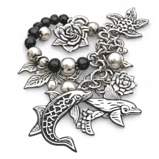 charm bracelet with koi charm, dolphin charm, chimpanzee charm. stargazer lily charm, angel charm tattoo design idea