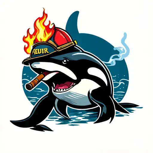 orca wearing a fire helmet smoking a cigar leaning tattoo design idea