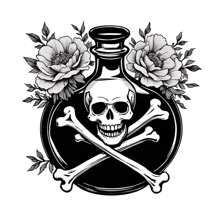 Potion Bottle with feminine skull and crossbones on bottle label; add florals tattoo design idea