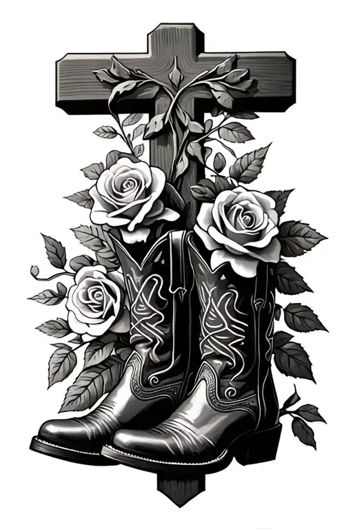 cross with cowboy boots and roses growing made as if it was a puzzle  tattoo design idea