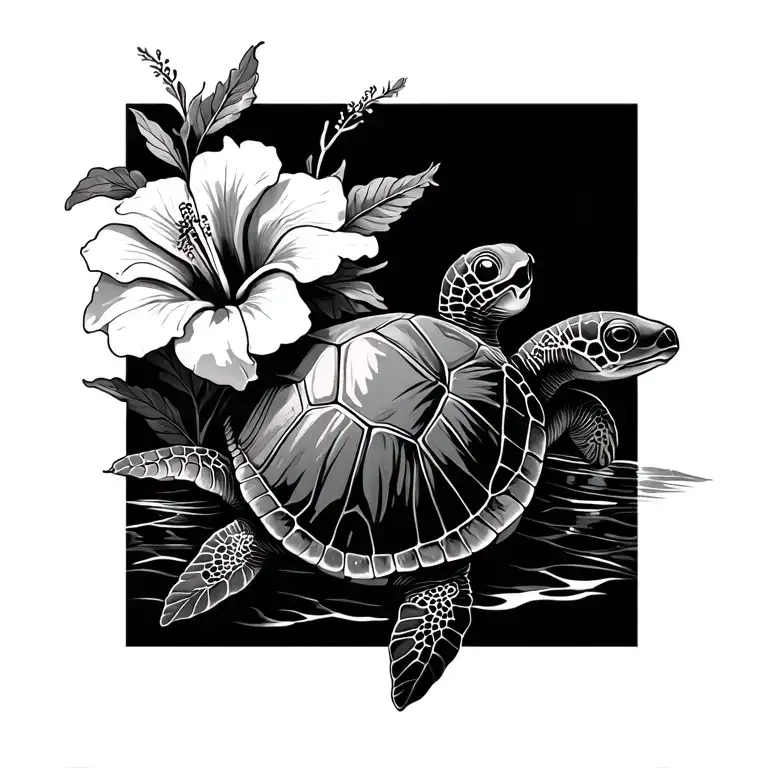sea turtle and hibiscus flower intertwined tattoo design idea